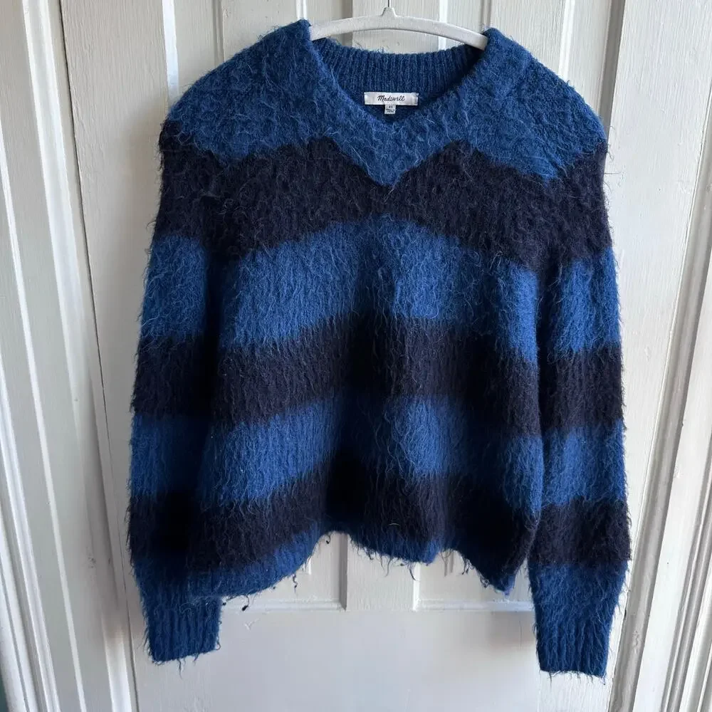 Madewell Brushed V-Neck Sweater | Heather Lapis Blue Stripe | XS